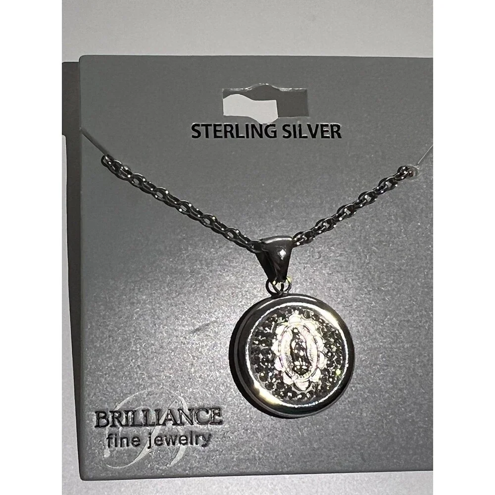 Sterling Silver 925 Virgin Mary pendant necklace with crystal details new